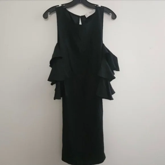 REVOLVE AMANDA UPRICHARD BLACK SILK COLD SHOULDER RUFFLE SLEEVE BELTED DRESS - Picture 3 of 12